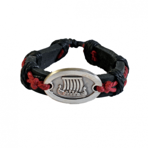 Men's leather bracelet with tin viking ship