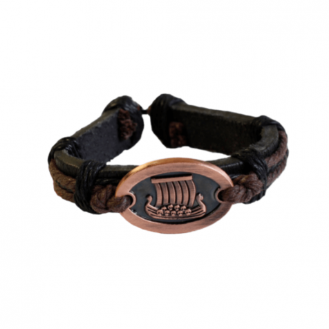 Men's leather bracelet with bronze viking ship