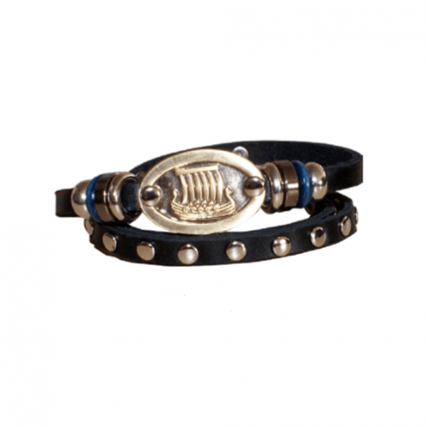 Men's leather bracelet with viking ship and studs
