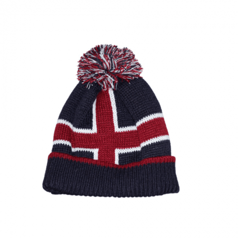 Knitted hat with Icelandic flag and pompom